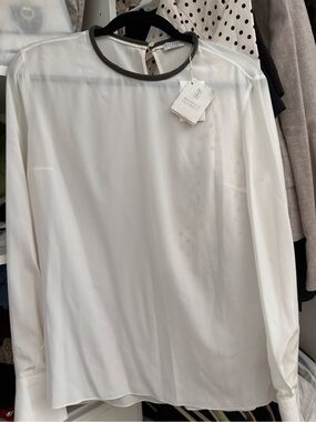 Brunello Cucinelli silk White Long-Sleeve blouse/ monilli around neck SZ XL NWT
